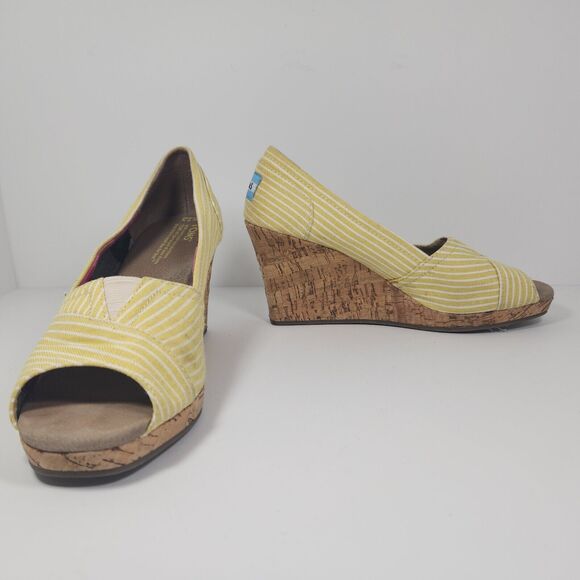 Toms Shoes Womens 7.5 Yellow Striped Fabric Wedge Cork Heels Peep Toe Slip On - Picture 7 of 10